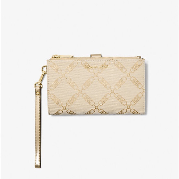 Michael Kors Pale Gold Adele Metallic Empire Logo Jacquard Smartphone Wallet - Picture 2 of 5